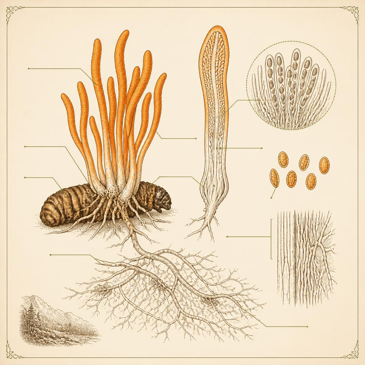 Naturalist plate showing Cordyceps militaris anatomy, cross-section and mycelial network
