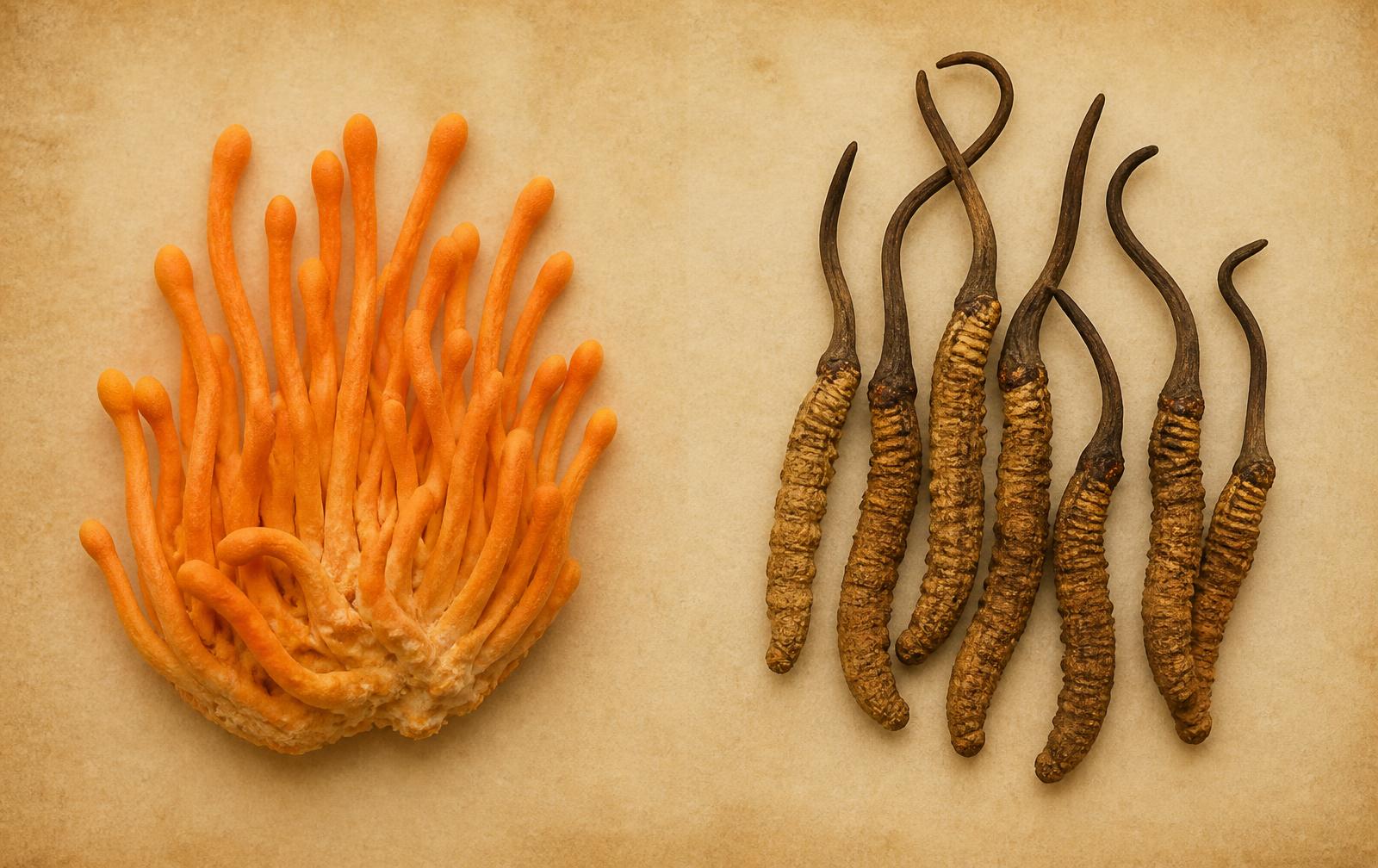 Comparison plate: orange Cordyceps militaris cluster beside dried wild Cordyceps sinensis specimens